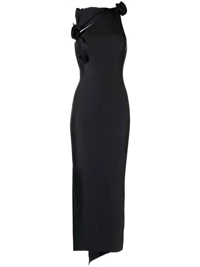 Coperni Long Black Asymmetric Dress With Roses Applications In Stretch Polyamide Woman In Black