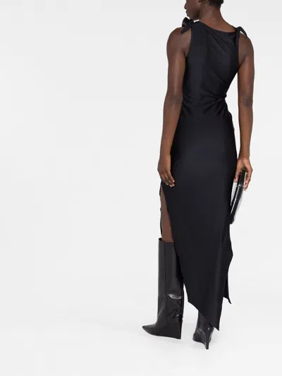 Coperni Long Black Asymmetric Dress With Roses Applications In Stretch Polyamide Woman In Black