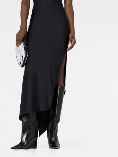 Coperni Long Black Asymmetric Dress With Roses Applications In Stretch Polyamide Woman In Black