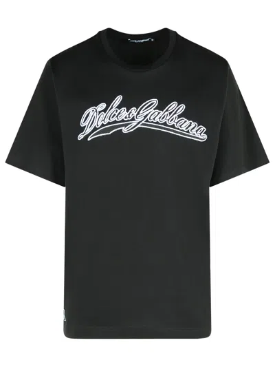 Dolce & Gabbana Men Cotton T-shirt With Embossed Logo Embroidery In Black