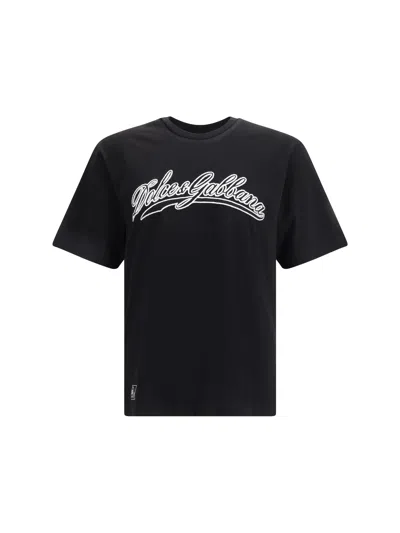 Dolce & Gabbana Men Cotton T-shirt With Embossed Logo Embroidery In Black