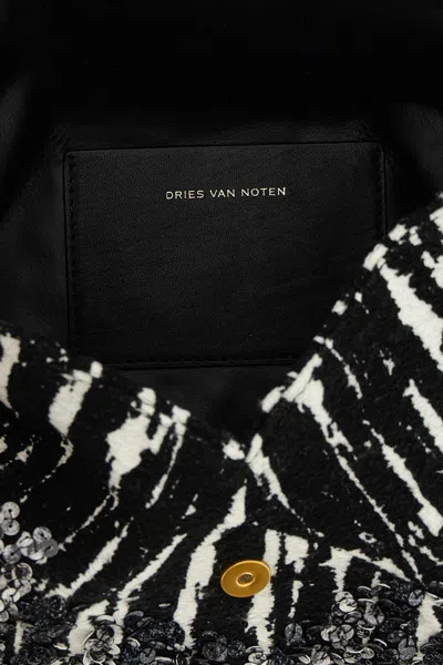 Dries Van Noten Two-tone Pleated Jacquard Clutch With Sequin Detail In Gray