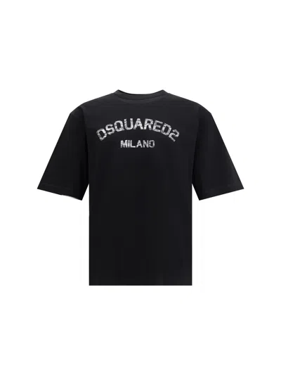 Dsquared2 Loose Fit Tee Logo Dsq2 Milano Sbiadito Effetto Texture Jersey Di Cotone T-shirt In Black