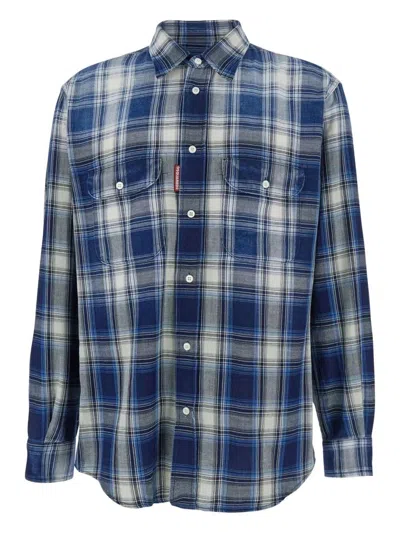 Dsquared2 Checked Pattern Shirt With Pockets And Collar In Blue