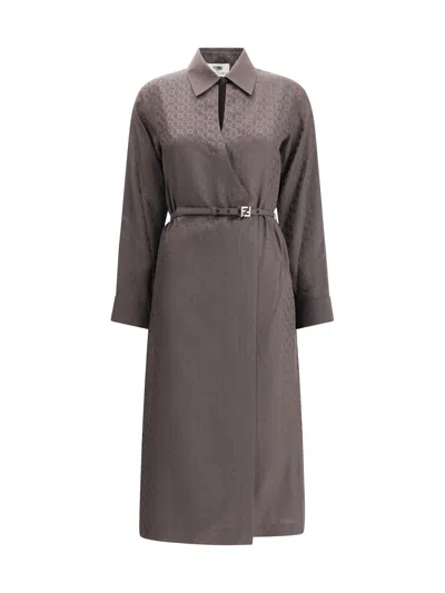 Fendi Ff Jacquard Silk Midi Shirt Dress In Brown