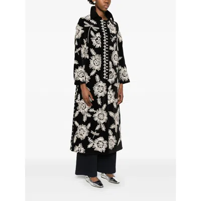 Forte Forte Long Coat With Floral Embroidery And Pockets In Black