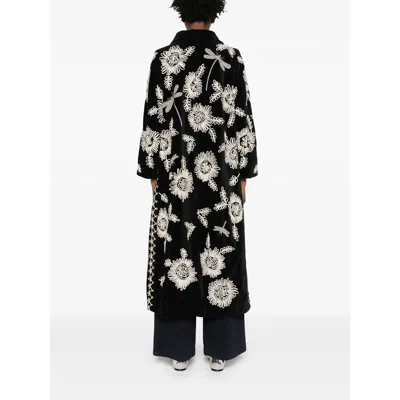 Forte Forte Long Coat With Floral Embroidery And Pockets In Black