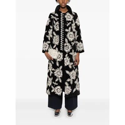 Forte Forte Long Coat With Floral Embroidery And Pockets In Black