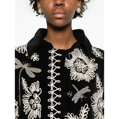 Forte Forte Long Coat With Floral Embroidery And Pockets In Black