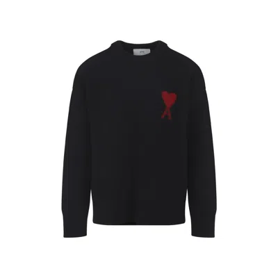 Ami Alexandre Mattiussi Relaxed Fit Black Wool Turtleneck Sweater With Graphic Heart Motif In Black