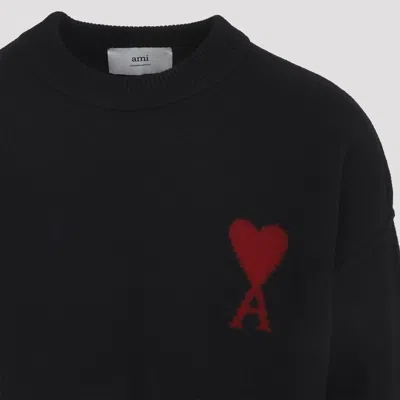 Ami Alexandre Mattiussi Relaxed Fit Black Wool Turtleneck Sweater With Graphic Heart Motif In Black
