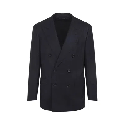 Tom Ford Slim-fit Double-breasted Wool-crepe Suit Jacket In Blue