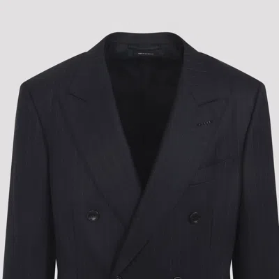 Tom Ford Slim-fit Double-breasted Wool-crepe Suit Jacket In Blue