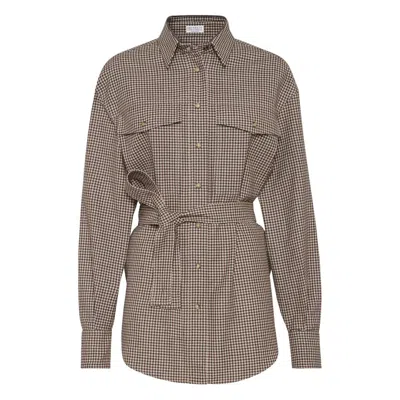 Brunello Cucinelli Check-pattern Shirt With Belt And Shiny Collar Detail In Brown