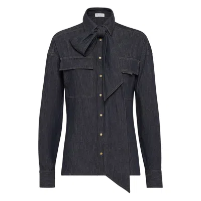 Brunello Cucinelli Lightweight Denim Shirt With Removable Bow In Blue