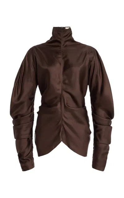 The Row Draped Long Sleeve High Neck Blouse In Brown