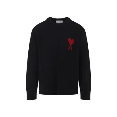 Ami Alexandre Mattiussi Relaxed Fit Black Wool Turtleneck Sweater With Graphic Heart Motif In Black