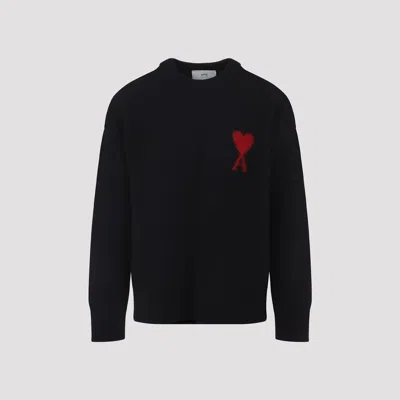 Ami Alexandre Mattiussi Relaxed Fit Black Wool Turtleneck Sweater With Graphic Heart Motif In Black