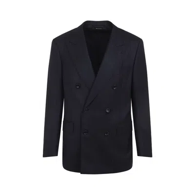 Tom Ford Slim-fit Double-breasted Wool-crepe Suit Jacket In Blue
