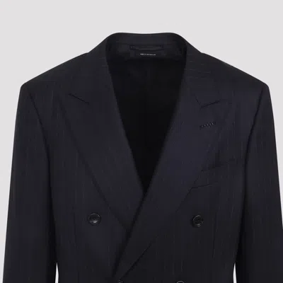 Tom Ford Slim-fit Double-breasted Wool-crepe Suit Jacket In Blue