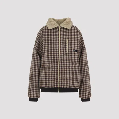 Miu Miu Checkered Long Sleeve Jacket With Shearling Collar In Blue