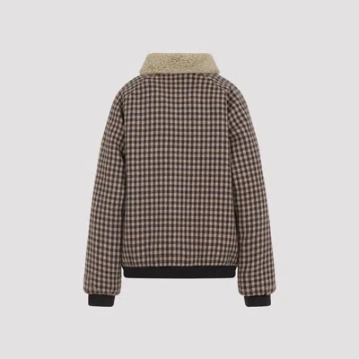 Miu Miu Checkered Long Sleeve Jacket With Shearling Collar In Blue