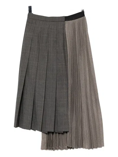 Undercover Womens Grey Beige Check Check-pattern Asymmetric Pleated Wool-blend Midi Skirt In Gray