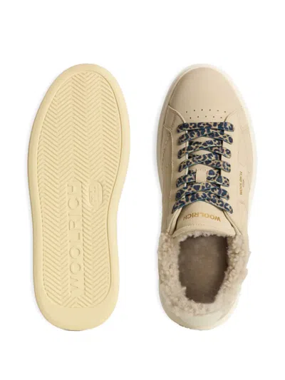 Woolrich Leather Platform Sneakers With Contrast Panel In Neutral