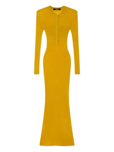 Versace Merino Wool Ribbed Knit Maxi Dress In Yellow