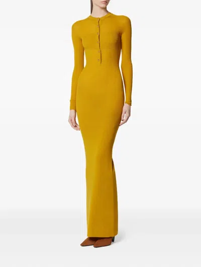 Versace Merino Wool Ribbed Knit Maxi Dress In Yellow