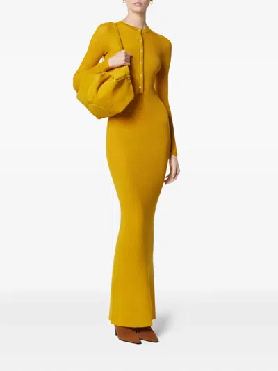 Versace Merino Wool Ribbed Knit Maxi Dress In Yellow