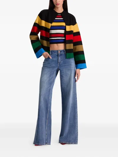 Alice And Olivia Pearson Collared Striped Sweater Jacket Black Multi