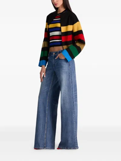 Alice And Olivia Pearson Collared Striped Sweater Jacket Black Multi