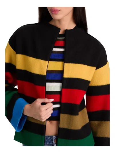 Alice And Olivia Pearson Collared Striped Sweater Jacket Black Multi