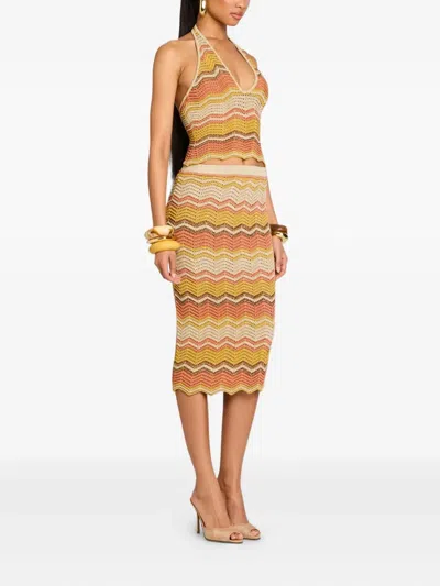 Retroféte Chevron-pattern Crochet Skirt In Yellow