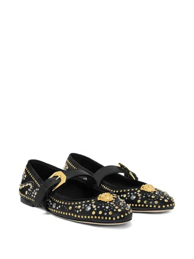 Versace Black Ballerinas With Studs Application And Buckle Closure In Leather Woman In Black