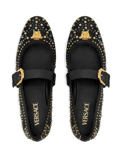 Versace Black Ballerinas With Studs Application And Buckle Closure In Leather Woman In Black