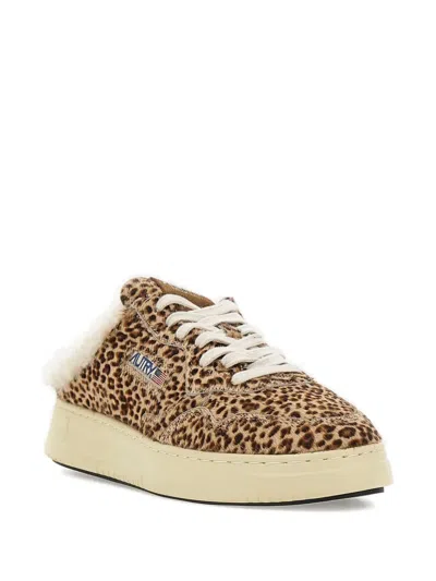 Autry Animal Print Low Top Sneakers With Shearling Trim In Brown