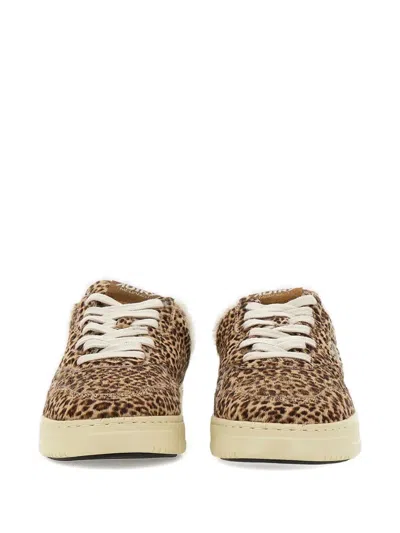 Autry Animal Print Low Top Sneakers With Shearling Trim In Brown