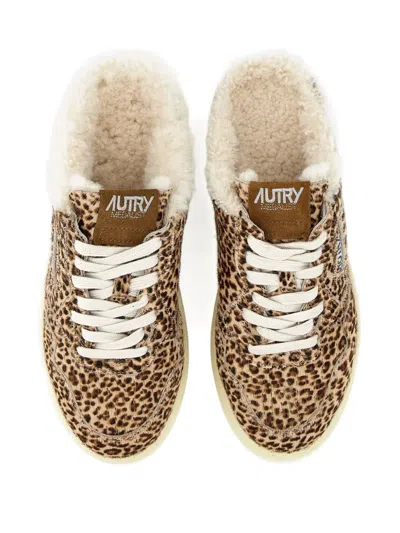 Autry Animal Print Low Top Sneakers With Shearling Trim In Brown