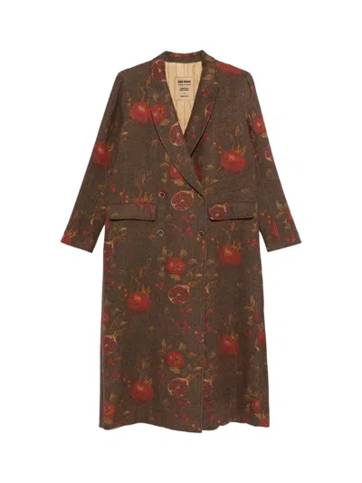 Uma Wang Floral Pomegranate Print Coat With Welt Pockets In Brown