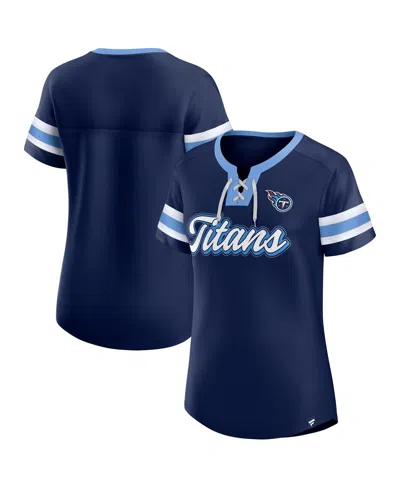Fanatics Women'sâ Navy Tennessee Titans True Catch Iconic Rhinestone Bling Athena Lace-up T-shirt In Blue