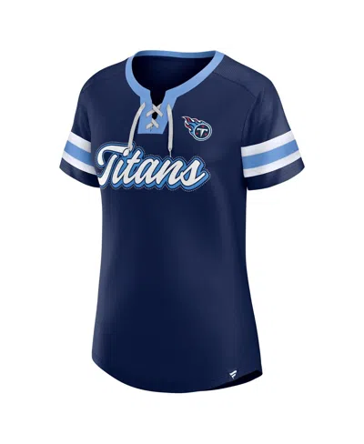 Fanatics Women'sâ Navy Tennessee Titans True Catch Iconic Rhinestone Bling Athena Lace-up T-shirt In Blue