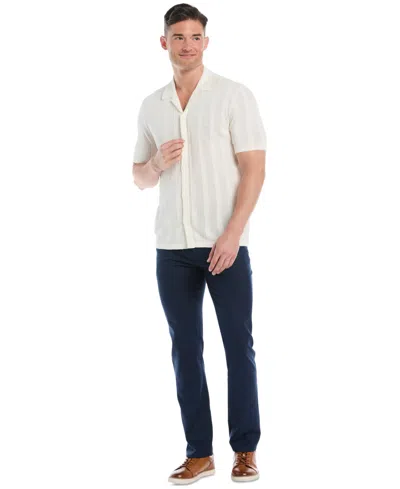 Cubavera Mesh Stripe Coatfront Sweater Mens Short Sleeve Button Cardigan In White