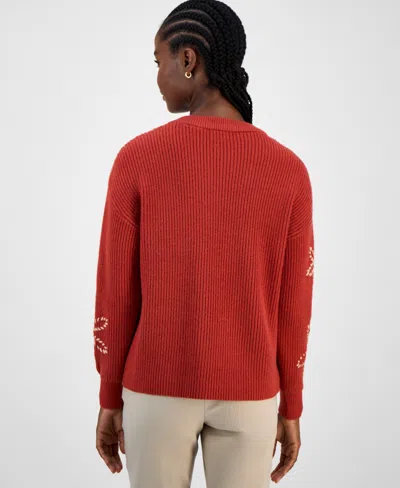 T Tahari Long Sleeve Crewneck Sweater With Floral Embroidery In Red