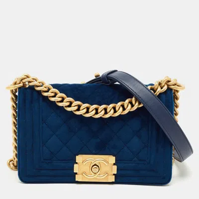 Pre-owned Chanel Blue Quilted Velvet Small Boy Flap Bag