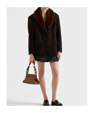 Prada Caban With Shearling Details In Brown