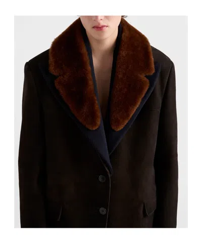 Prada Caban With Shearling Details In Brown