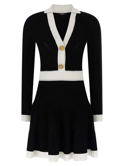 Balmain Long Sleeves V-neck Flare Knit Dress In Black