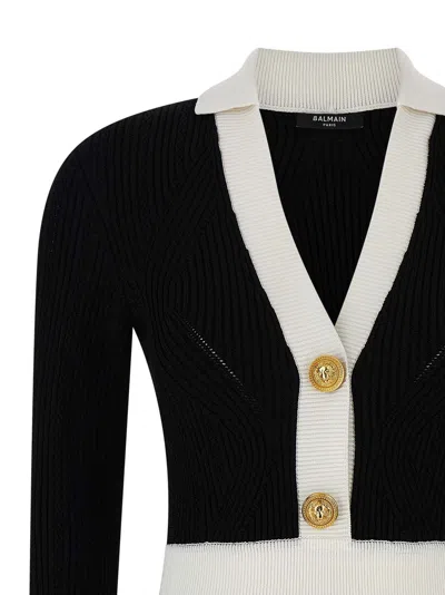 Balmain Long Sleeves V-neck Flare Knit Dress In Black